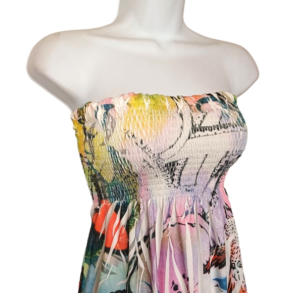 DNLA SPORT Colorful Heart Air Brush Print Smocked Ivory Strapless Dress Large - Picture 2 of 9